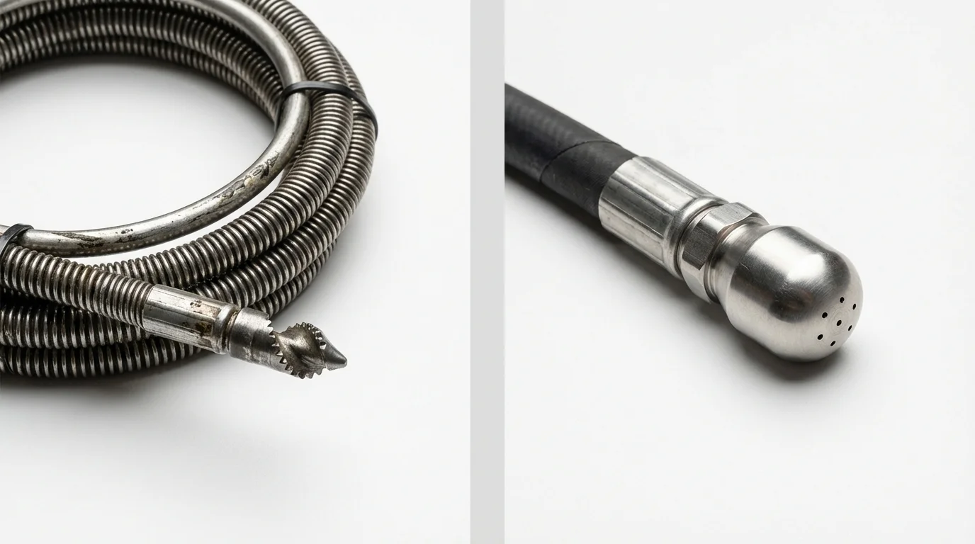 Drain snake cable and hydro jetting nozzle used for drain cleaning in East Hanover, NJ