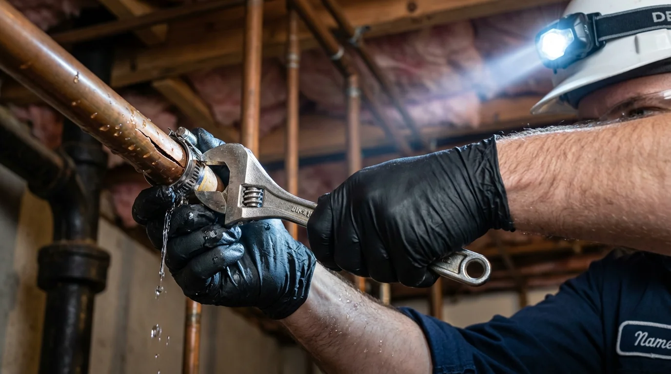 Emergency pipe clamp repair being performed by a Johns Plumbing LLC plumber in East Hanover