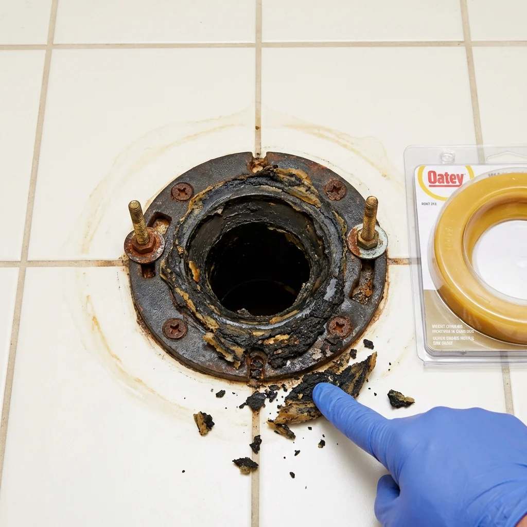 Failed wax ring showing water seepage at the base of a toilet in a East Hanover, NJ home