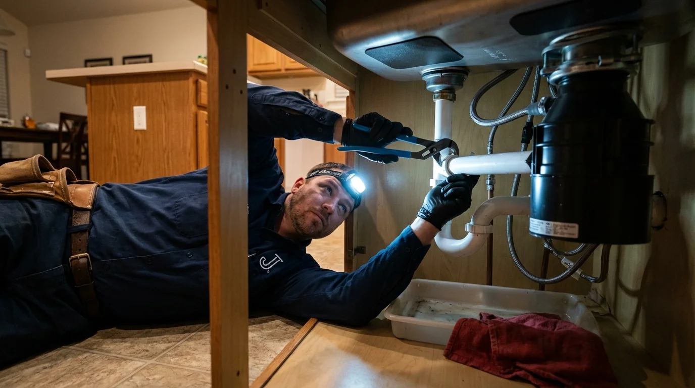 P-trap and supply line connections under a kitchen sink showing a common leak point in East Hanover, NJ